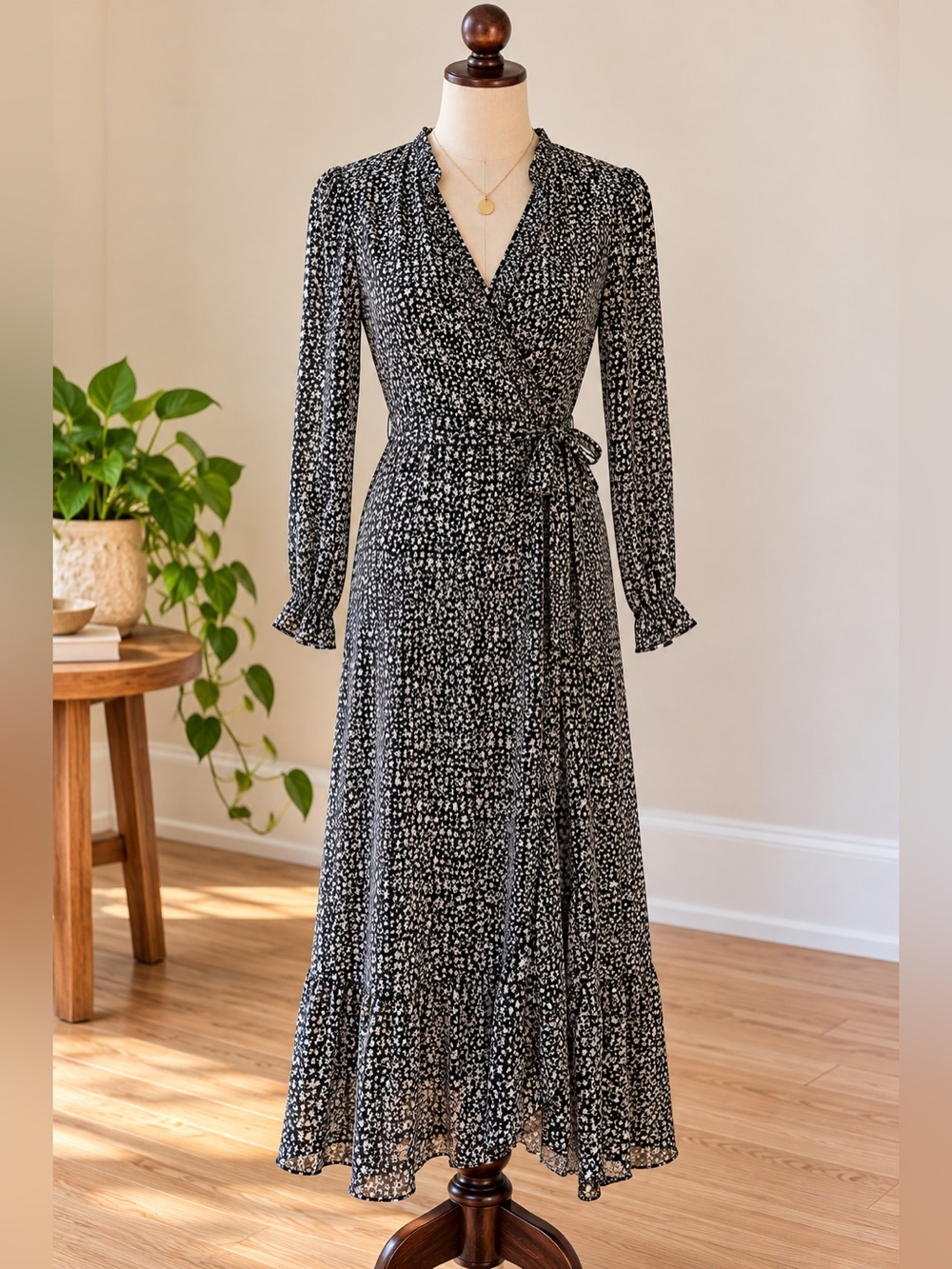 Michael Michael Kors Black White Star Print Wrap Maxi Dress XS Celestial Boho